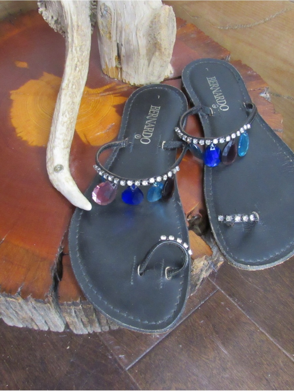 Vintage Bernardo Black Sandals with Blue and PinkTeardrop Gems with Rhinestones